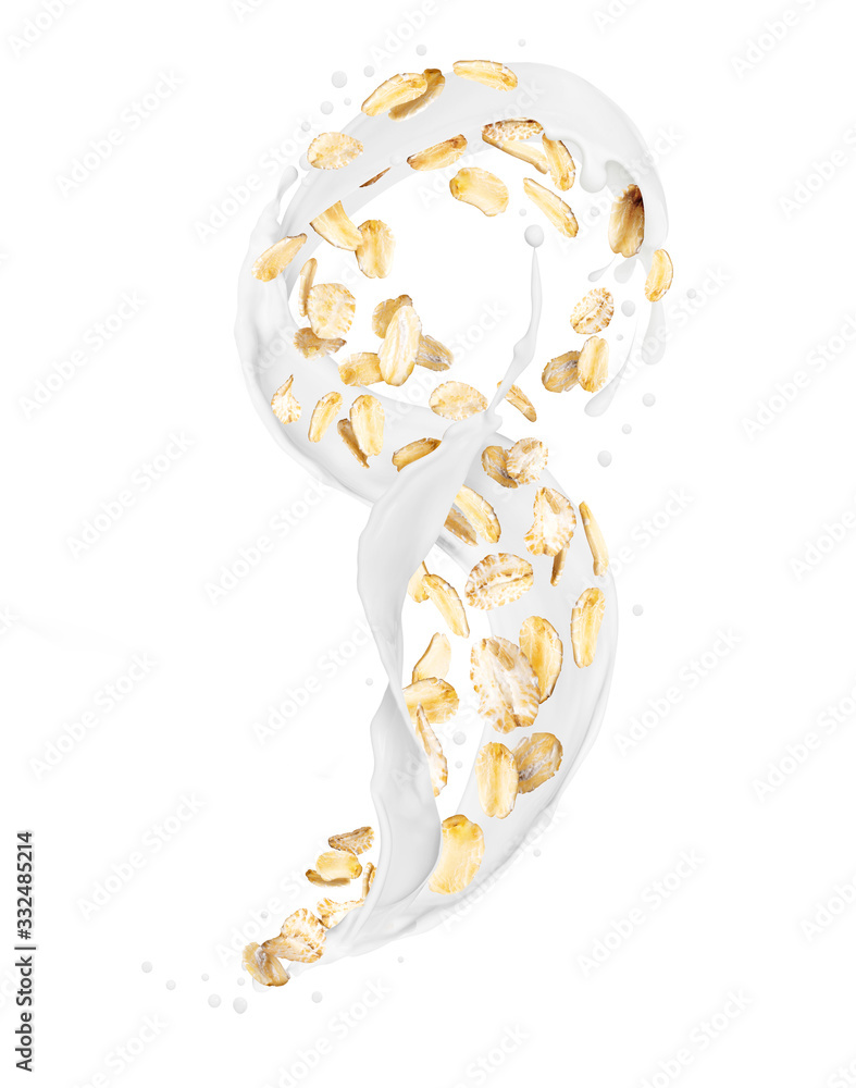 Oat flakes with milk splashes isolated on a white background