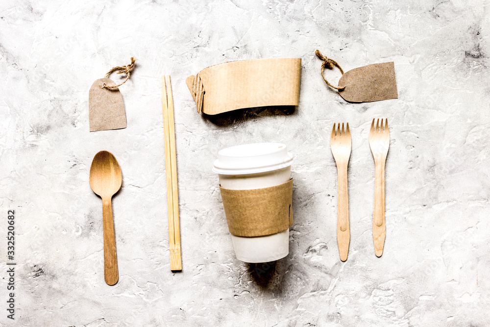 food delivery workdesk with paper bags and plastic cup table background top view mock-up