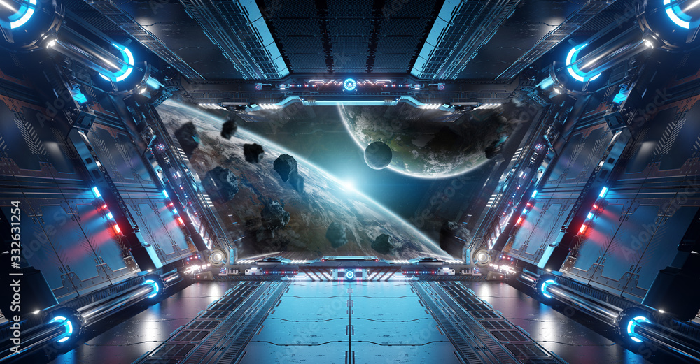 Blue and red futuristic spaceship interior with window view on planets 3d rendering