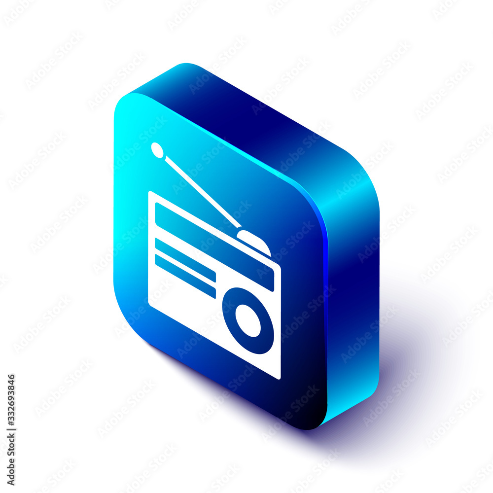 Isometric Radio with antenna icon isolated on white background. Blue square button. Vector Illustrat