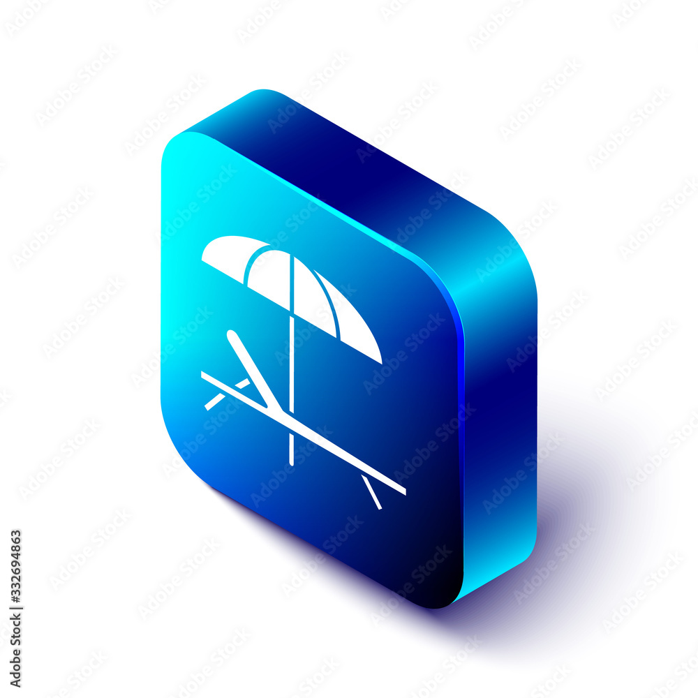 Isometric Sunbed icon isolated on white background. Beach umbrella and Sun lounger. Blue square butt