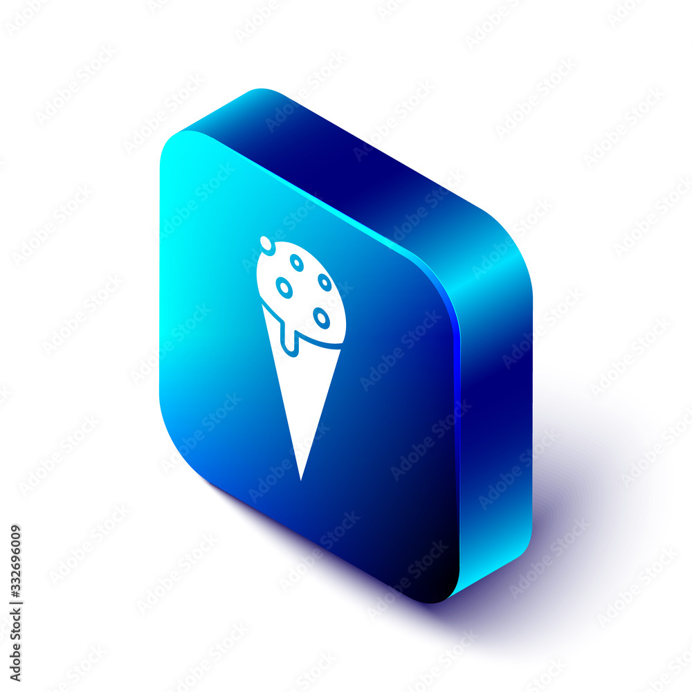 Isometric Ice cream in waffle cone icon isolated on white background. Sweet symbol. Blue square butt