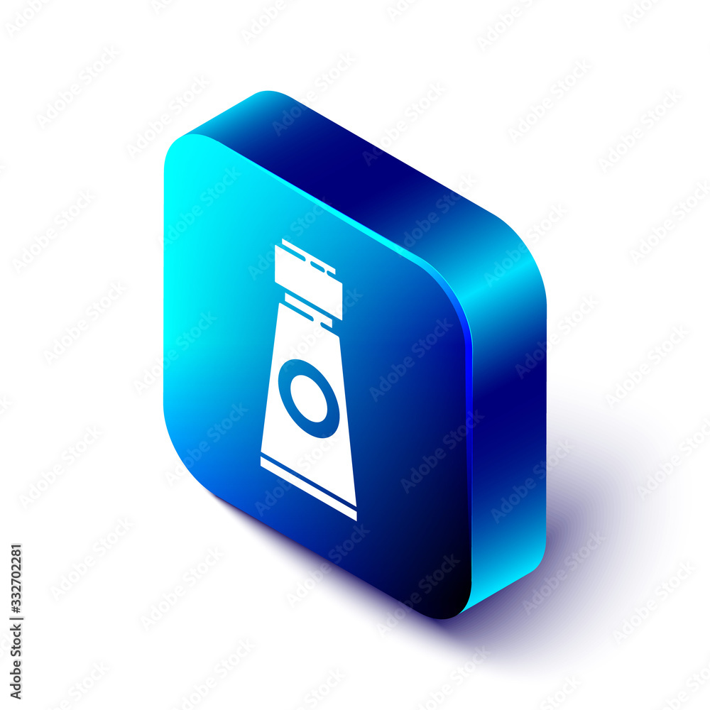 Isometric Tube with paint palette icon isolated on white background. Blue square button. Vector Illu