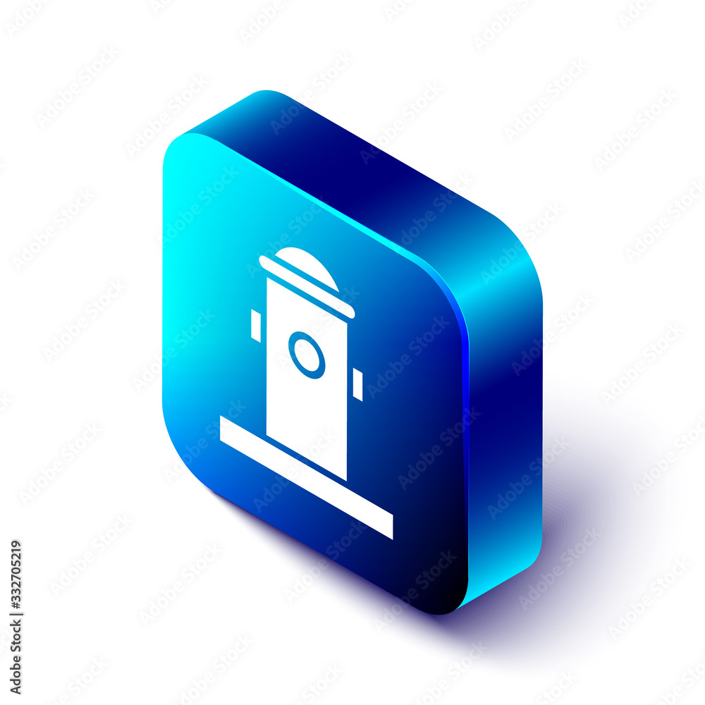 Isometric Fire hydrant icon isolated on white background. Blue square button. Vector Illustration