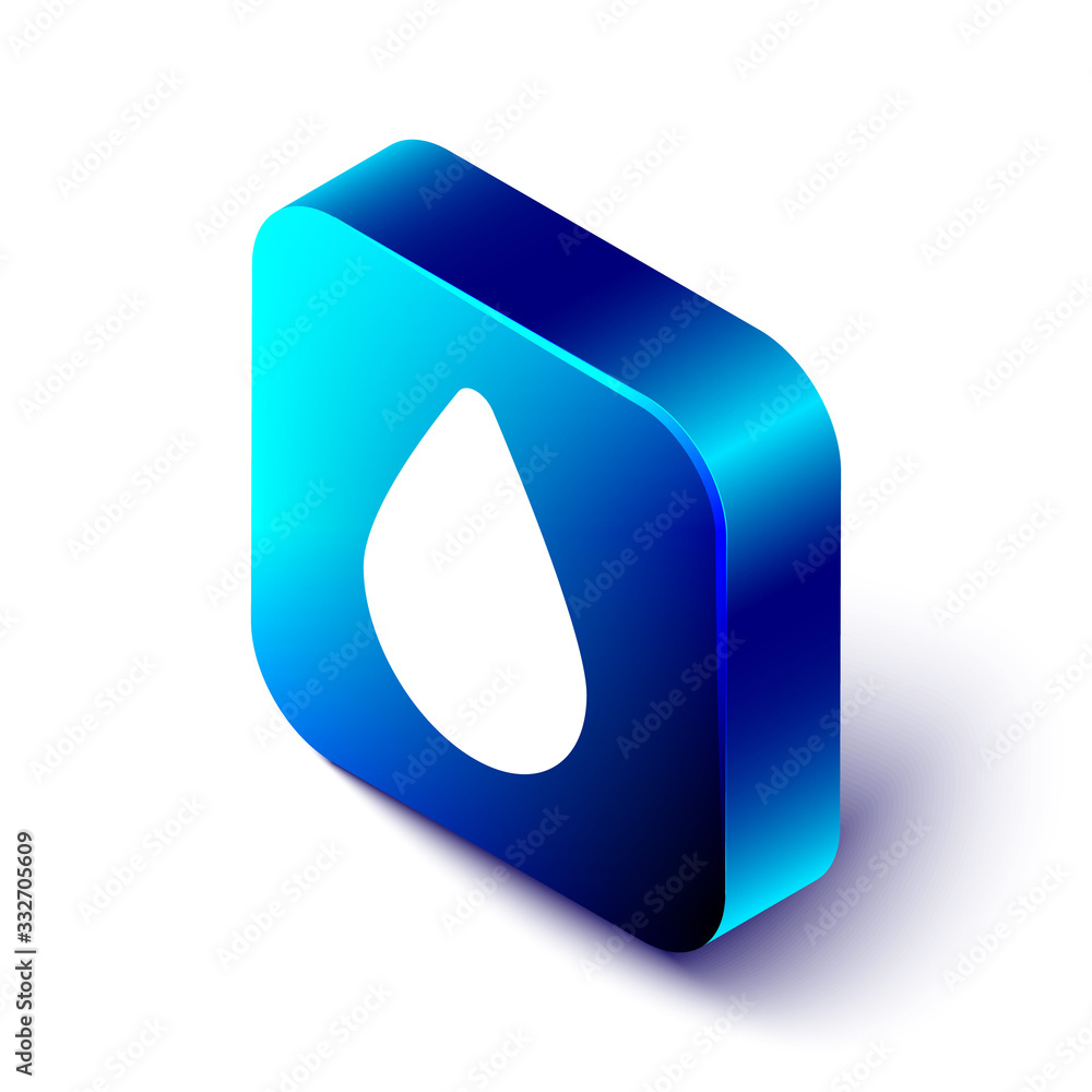 Isometric Water drop icon isolated on white background. Blue square button. Vector Illustration