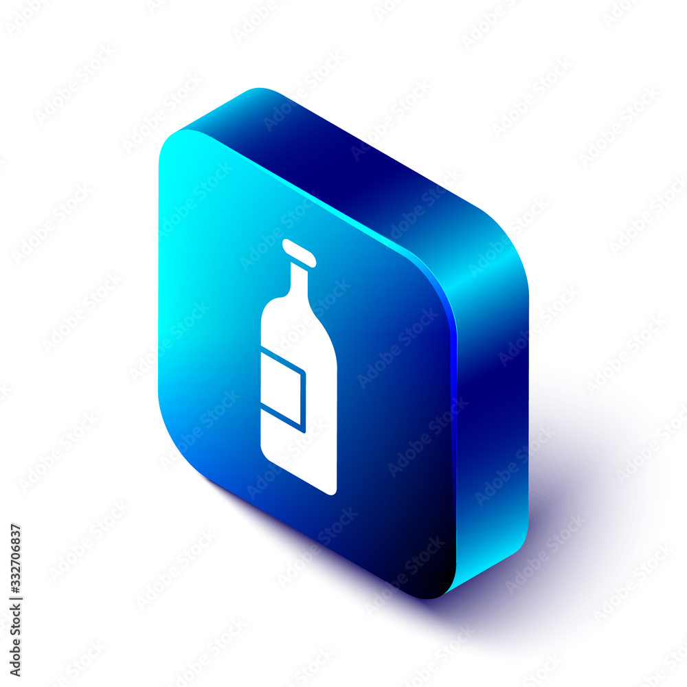 Isometric Alcohol drink bottle icon isolated on white background. Blue square button. Vector Illustr