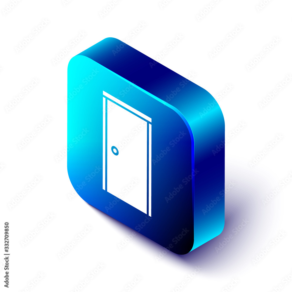 Isometric Closed door icon isolated on white background. Blue square button. Vector Illustration