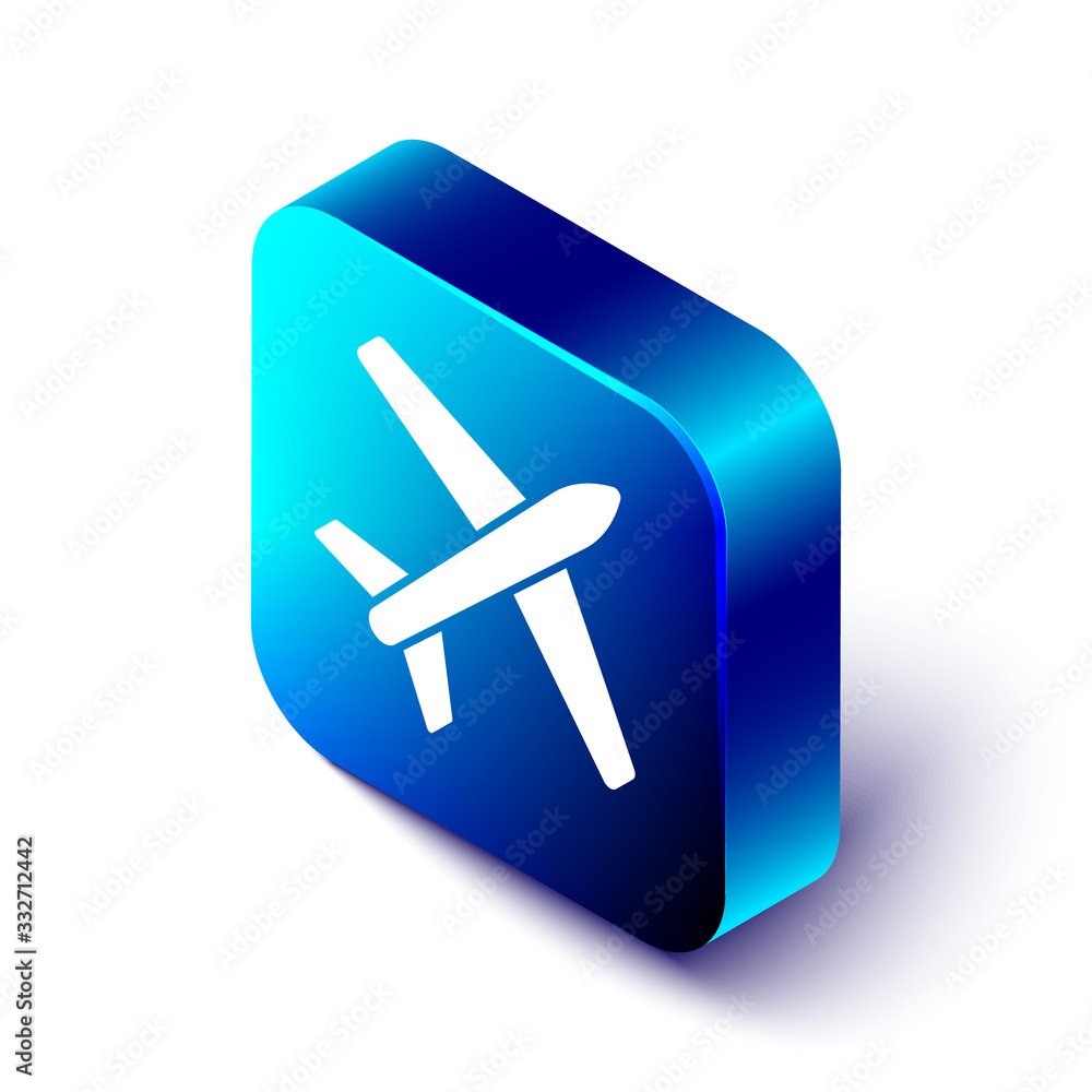 Isometric Plane icon isolated on white background. Flying airplane icon. Airliner sign. Blue square 