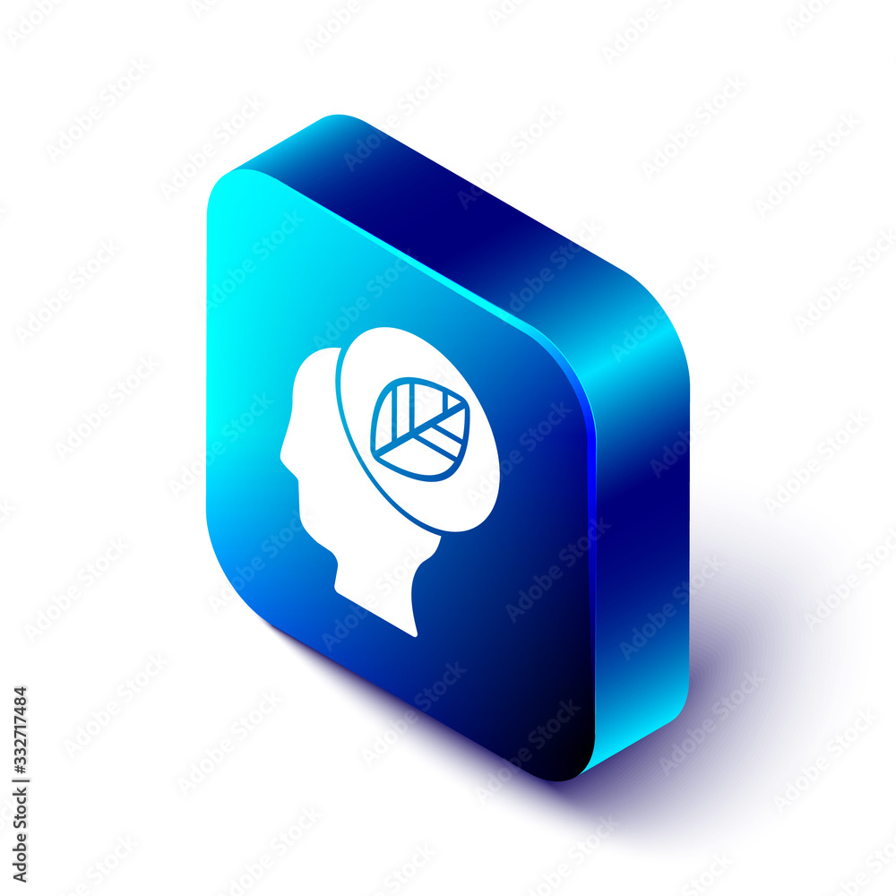 Isometric Human head with leaf inside icon isolated on white background. Blue square button. Vector 