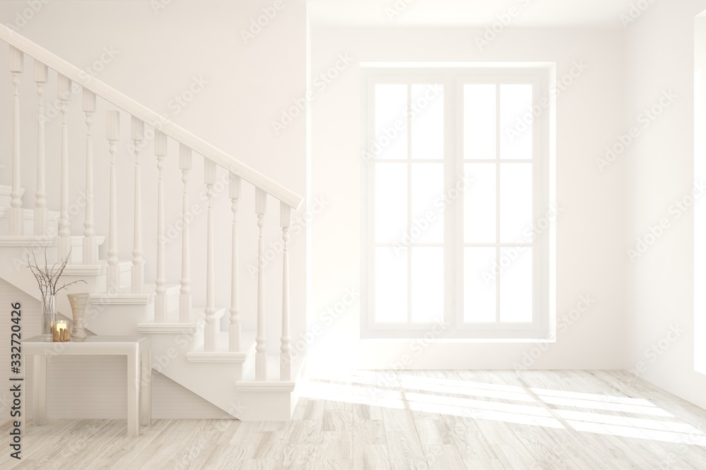 White empty room. Scandinavian interior design. 3D illustration