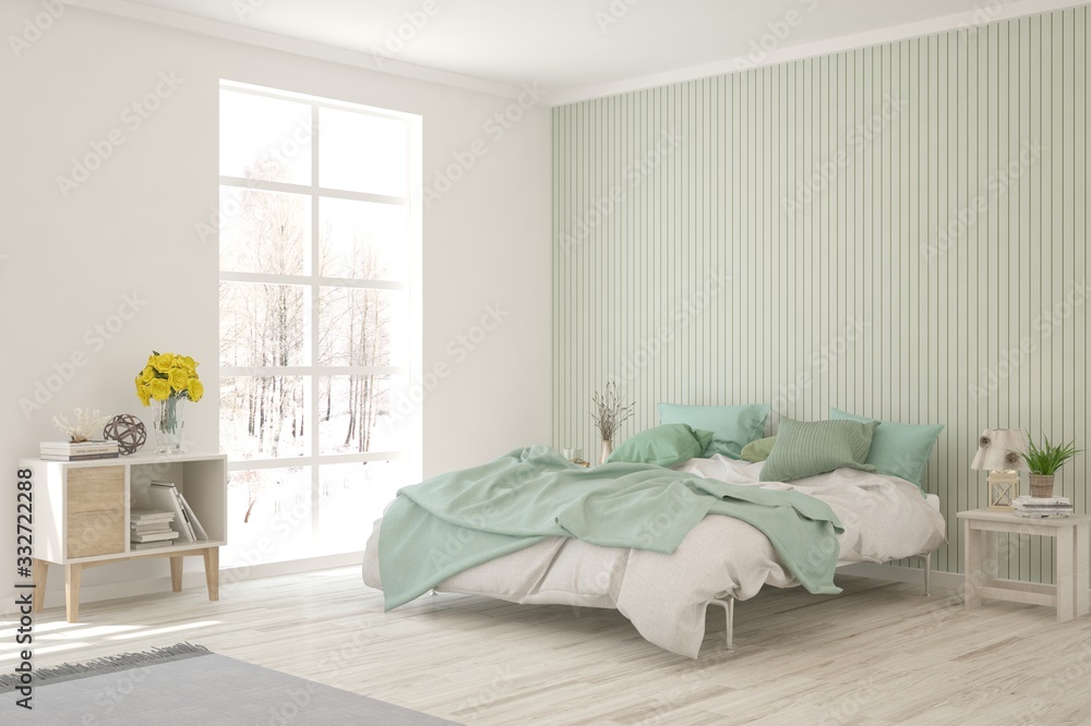 White bedroom interior. Scandinavian design. 3D illustration