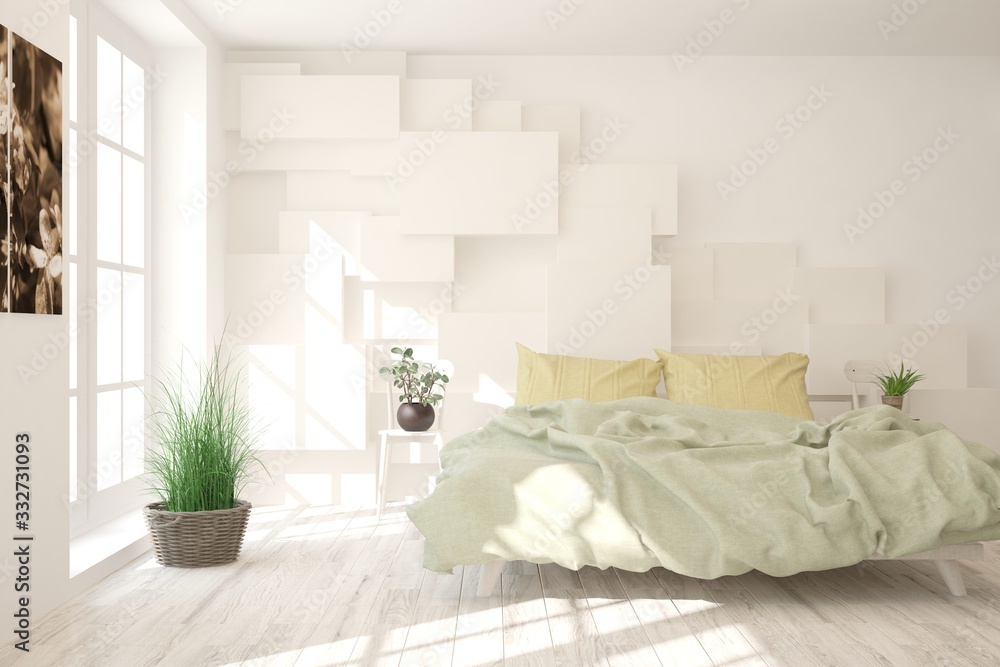 White bedroom interior. Scandinavian design. 3D illustration