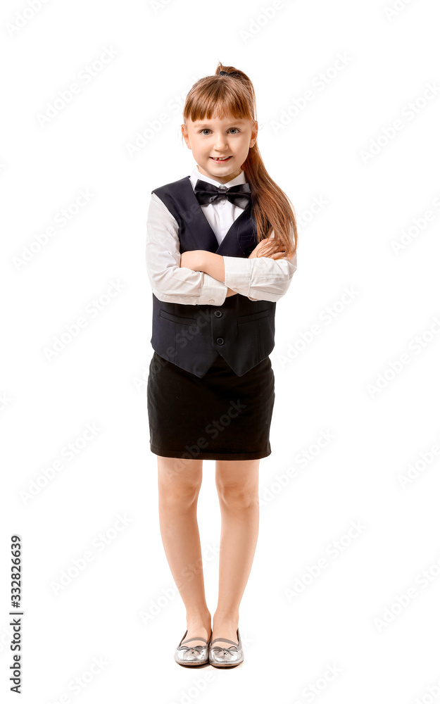 Cute little waiter on white background