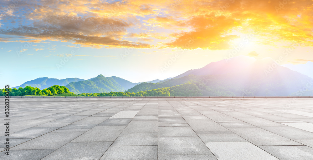 Empty square floor and green tea mountain nature landscape at sunset,panoramic view.