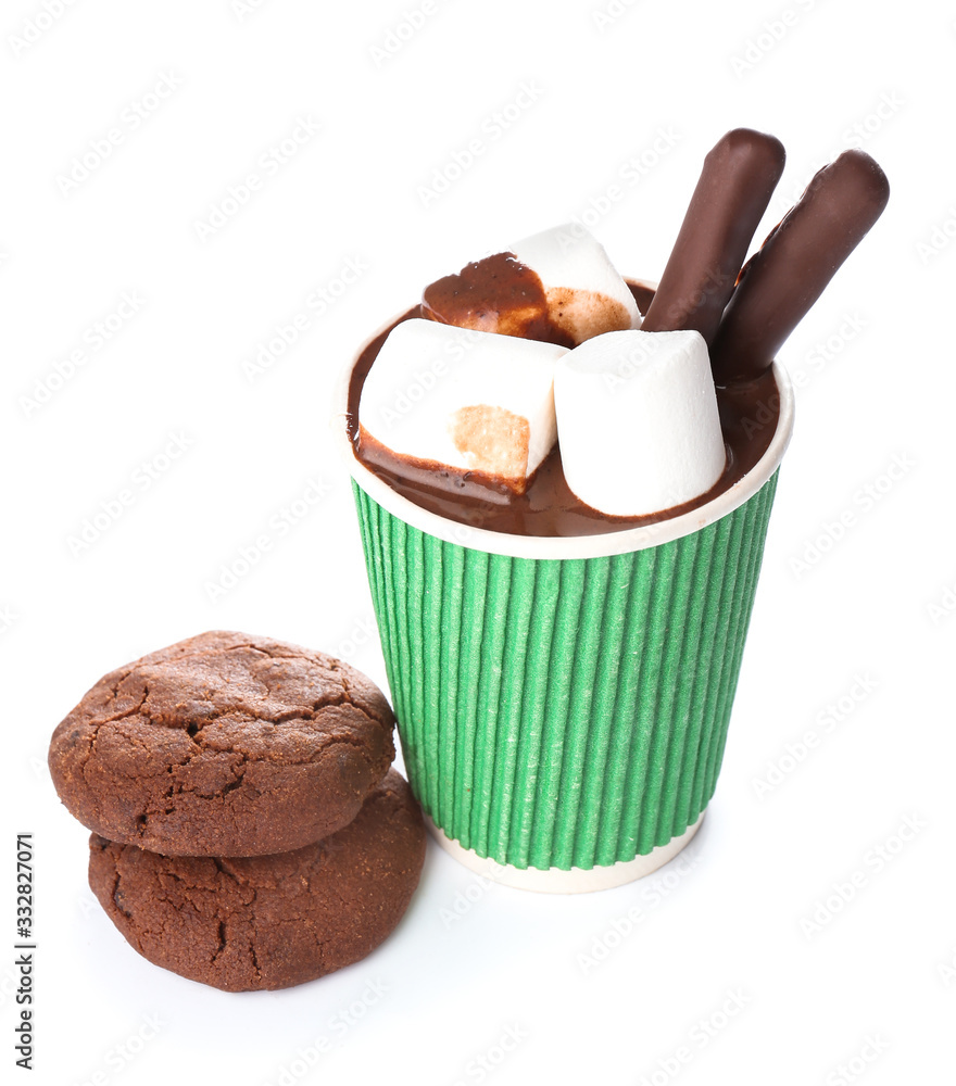 Cup of hot chocolate with cookies on white background