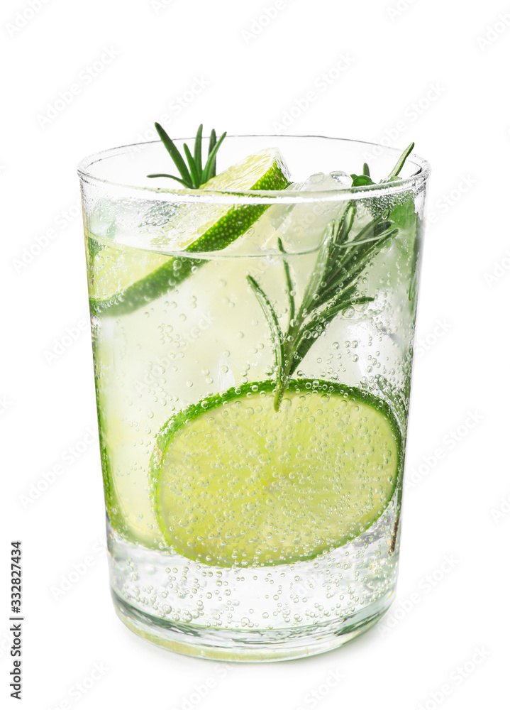 Glass of fresh lime lemonade on white background