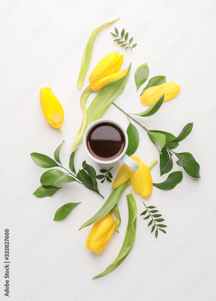 Beautiful composition with cup of coffee on white background