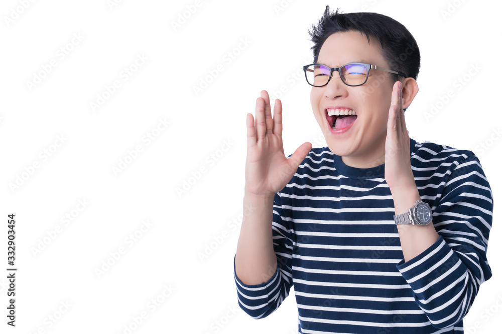 young attractive asian male hand gesture shout loud exited expression japanese man tell new promotio