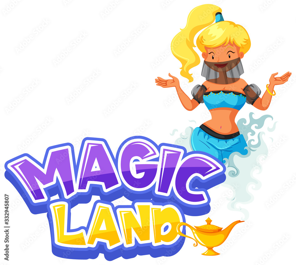 Font design for word magic land with genie from the lamp