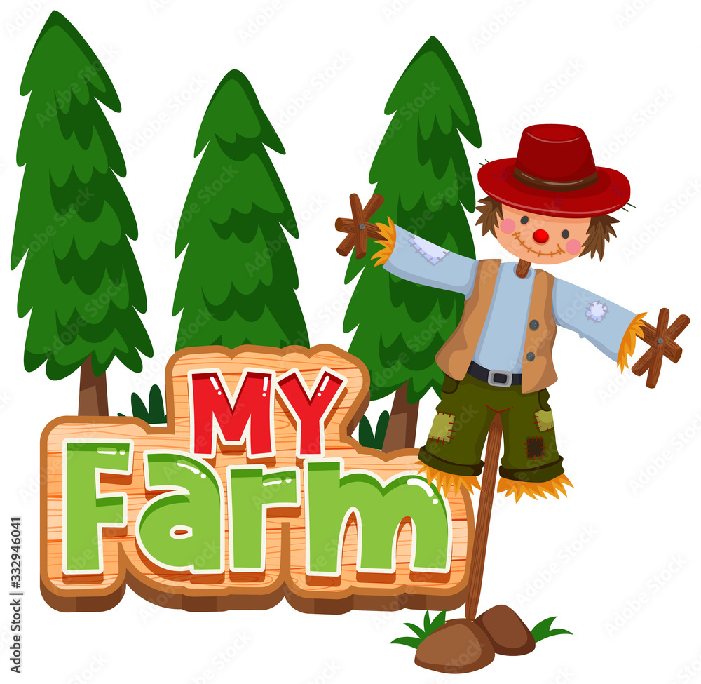 Font design for word my farm with trees and scarecrow