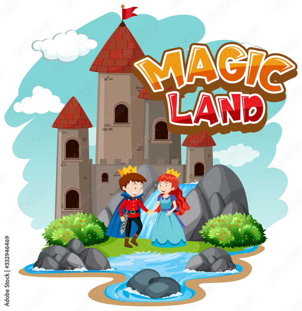 Font design for word magic land with prince and princess