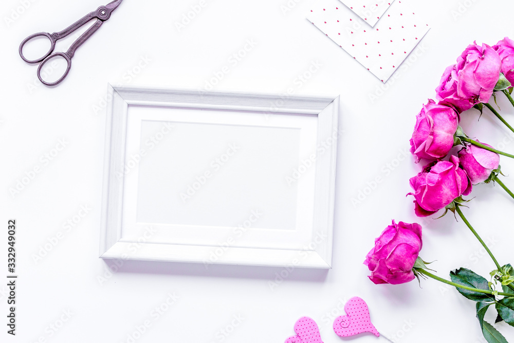 pink peony and frame for present on white background top view mockup