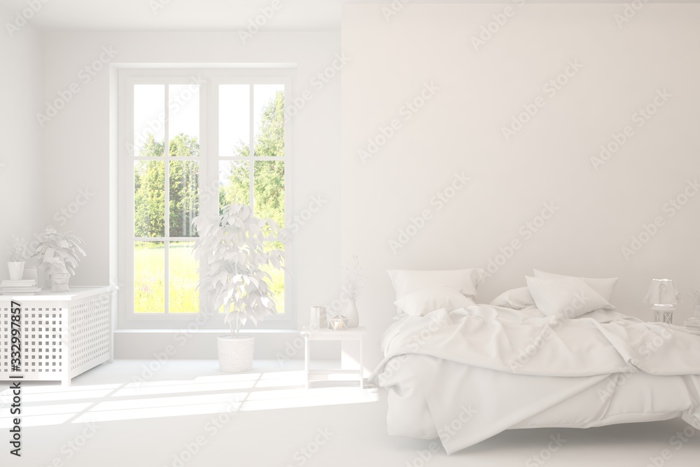 Modern bedroom in white color. Scandinavian interior design. 3D illustration