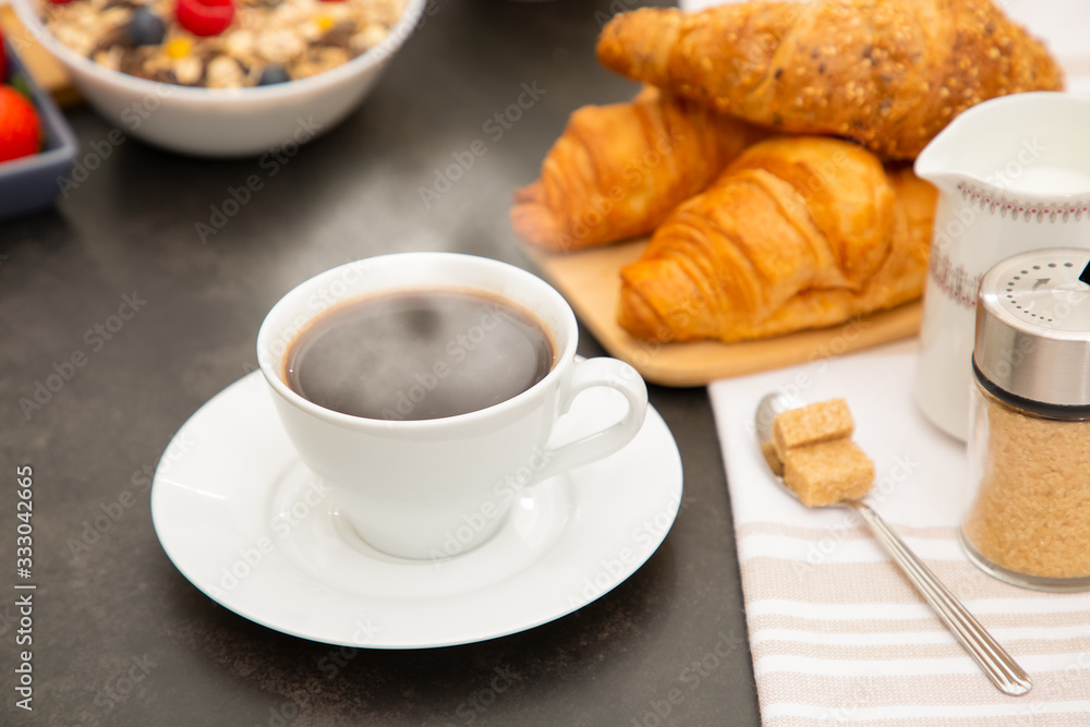 Breakfast Served in the morning with Hot black coffee and croissants Natural corn flake breakfast ce