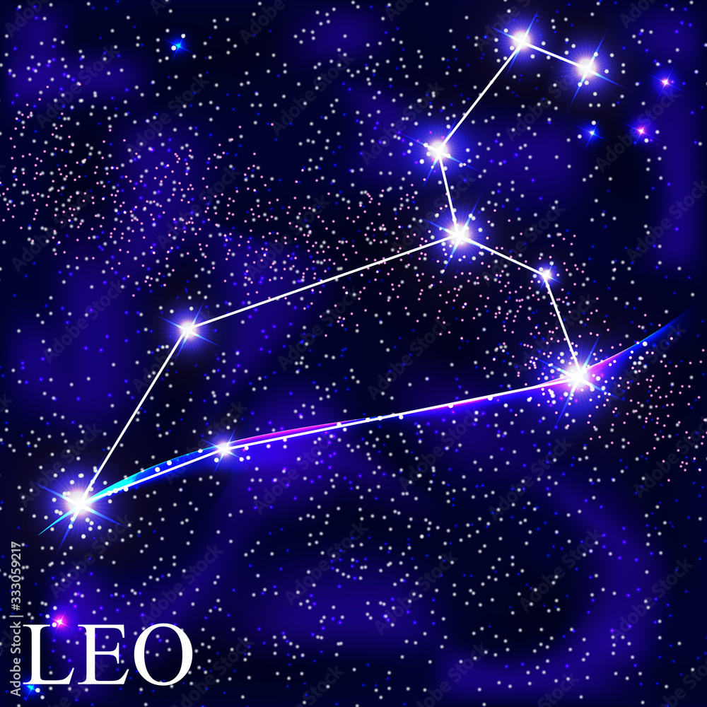 Leo Zodiac Sign with Beautiful Bright Stars on the Background of Cosmic Sky Vector Illustration