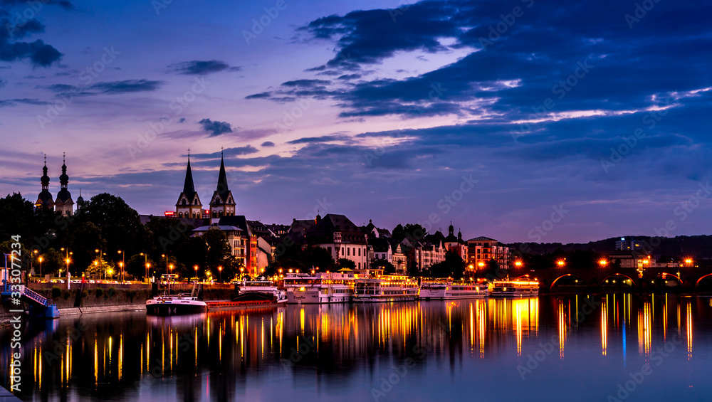 Night view of Moselle in Koblenz of Germany; buildings reflecting on the water