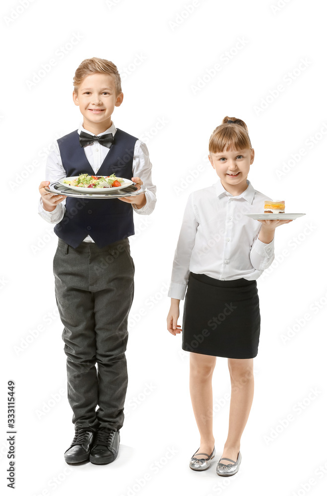 Cute little waiters on white background