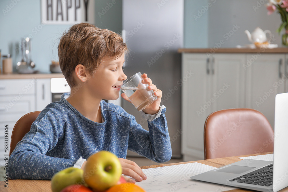 Cute little boy with laptop drinking water at home