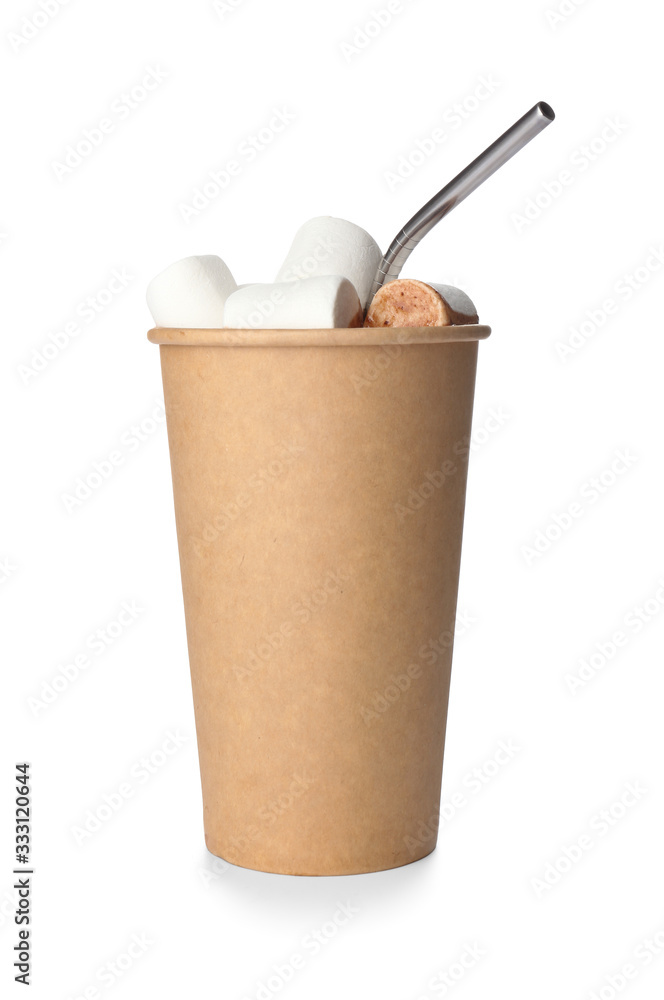 Cup of hot chocolate on white background