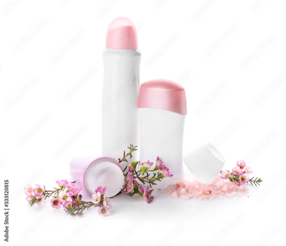 Different deodorants on white background