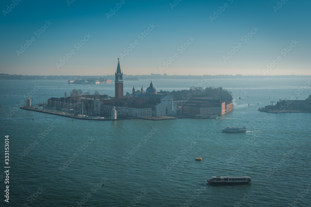 VENICE, VENETO / ITALY - DECEMBER 26 2019: Venice view from the San Marco tower