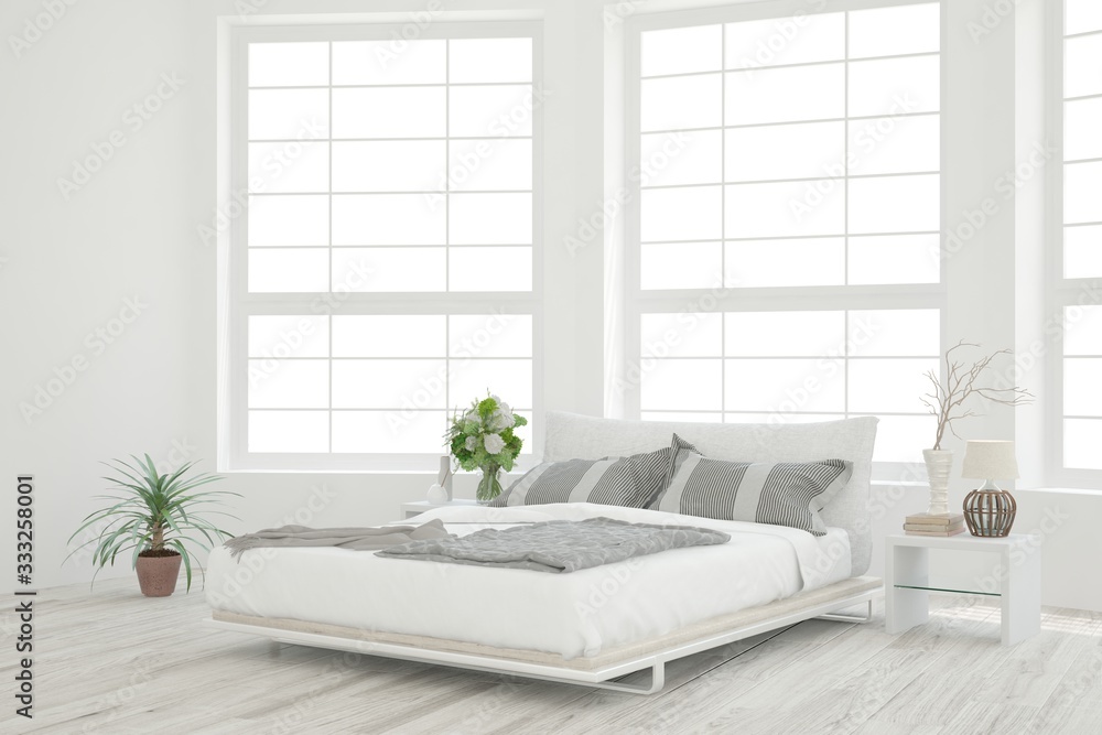 White bedroom interior. Scandinavian design. 3D illustration