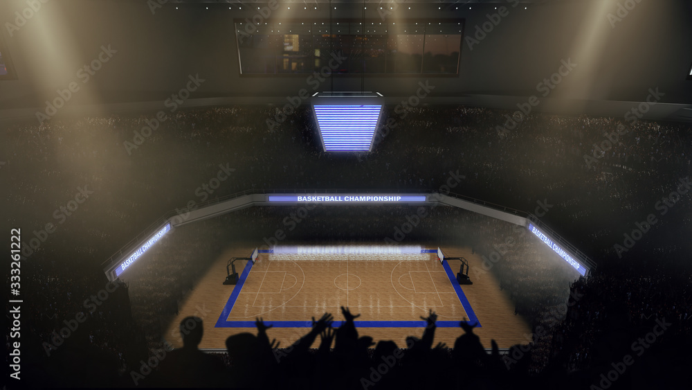 Basketball court with people fan. Sport arena. Render 3D. Illustration.