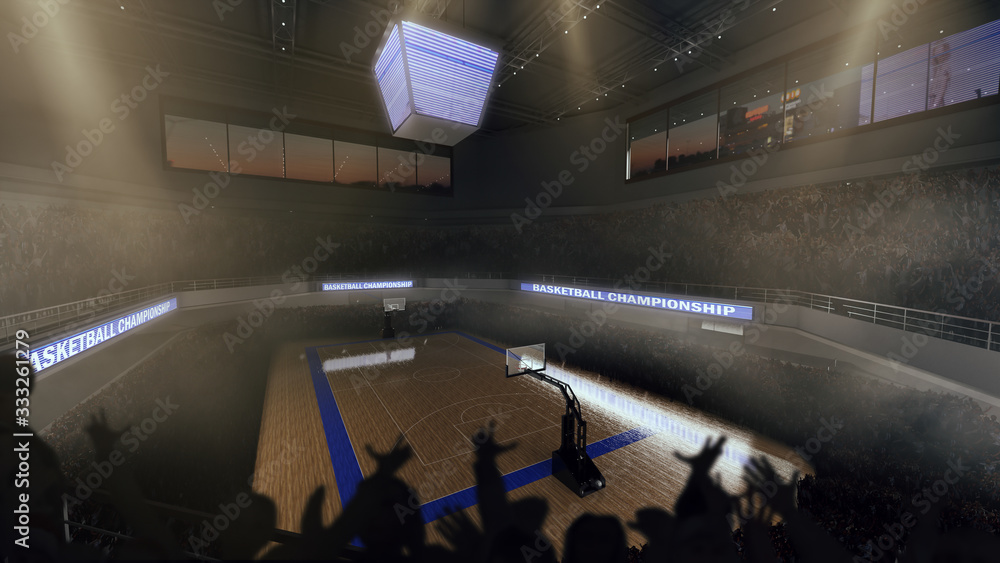 Basketball court with people fan. Sport arena. Render 3D. Illustration.