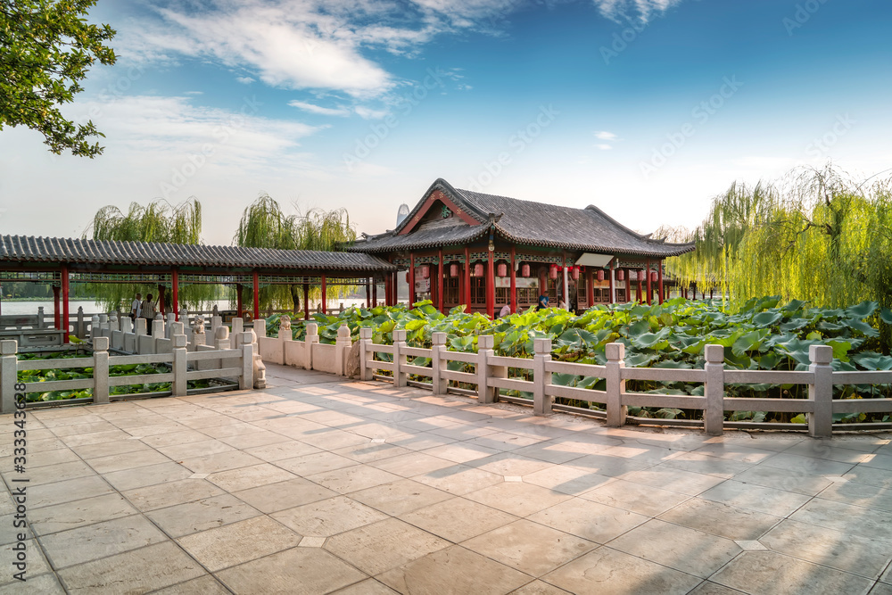 Ancient architectural landscape of Daming Lake Park in Jinan..