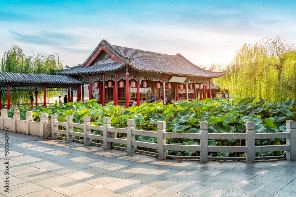 Ancient architectural landscape of Daming Lake Park in Jinan..