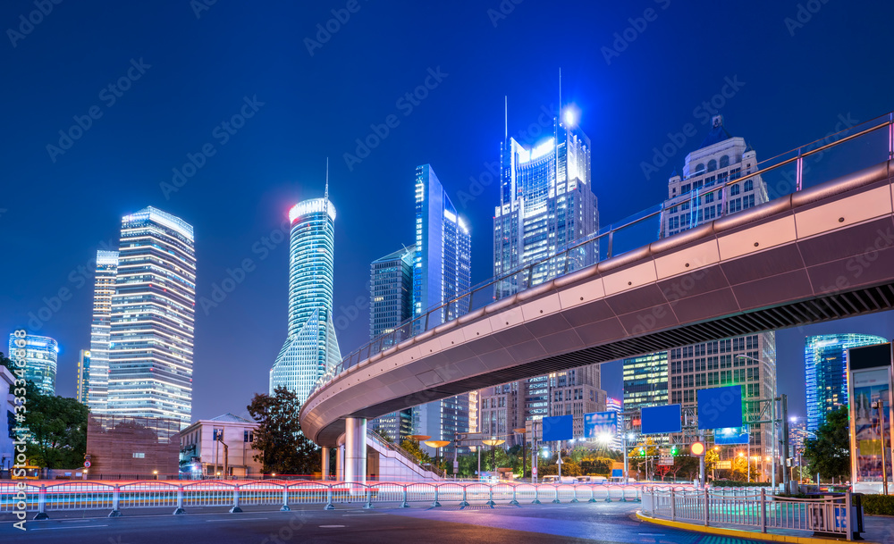 Night view of architectural street in Lujiazui Financial District, Shanghai..