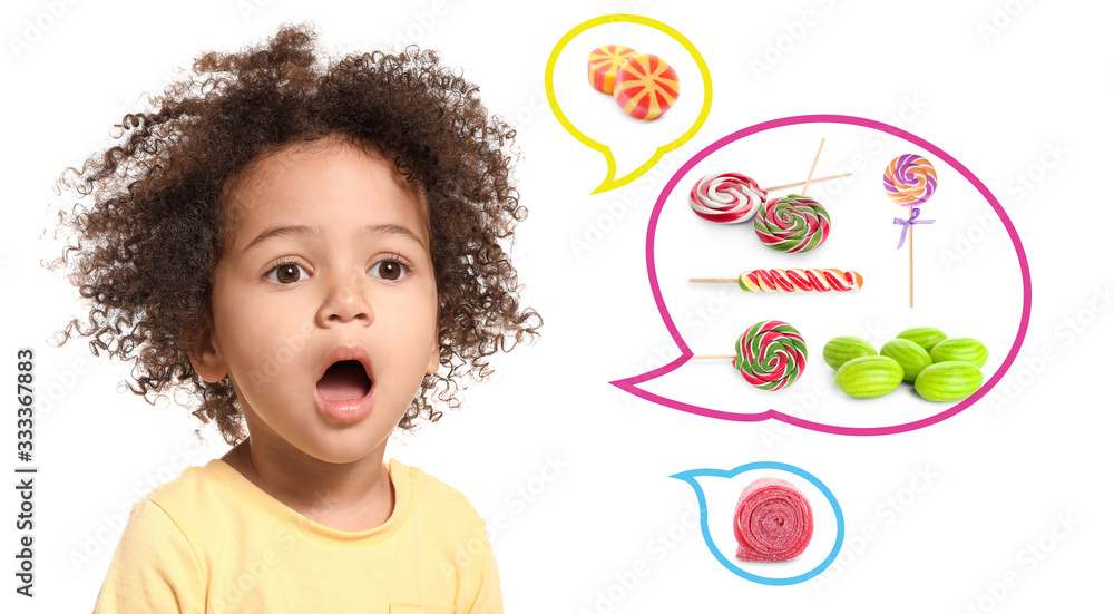 Portrait of little surprised African-American girl on white background