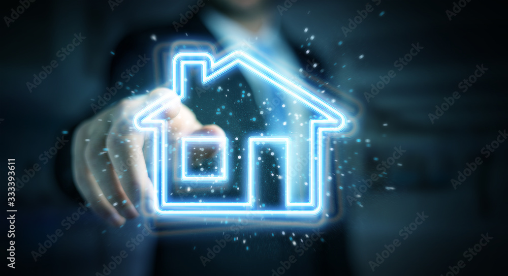 Man using real estate digital neon interface 3D rendering