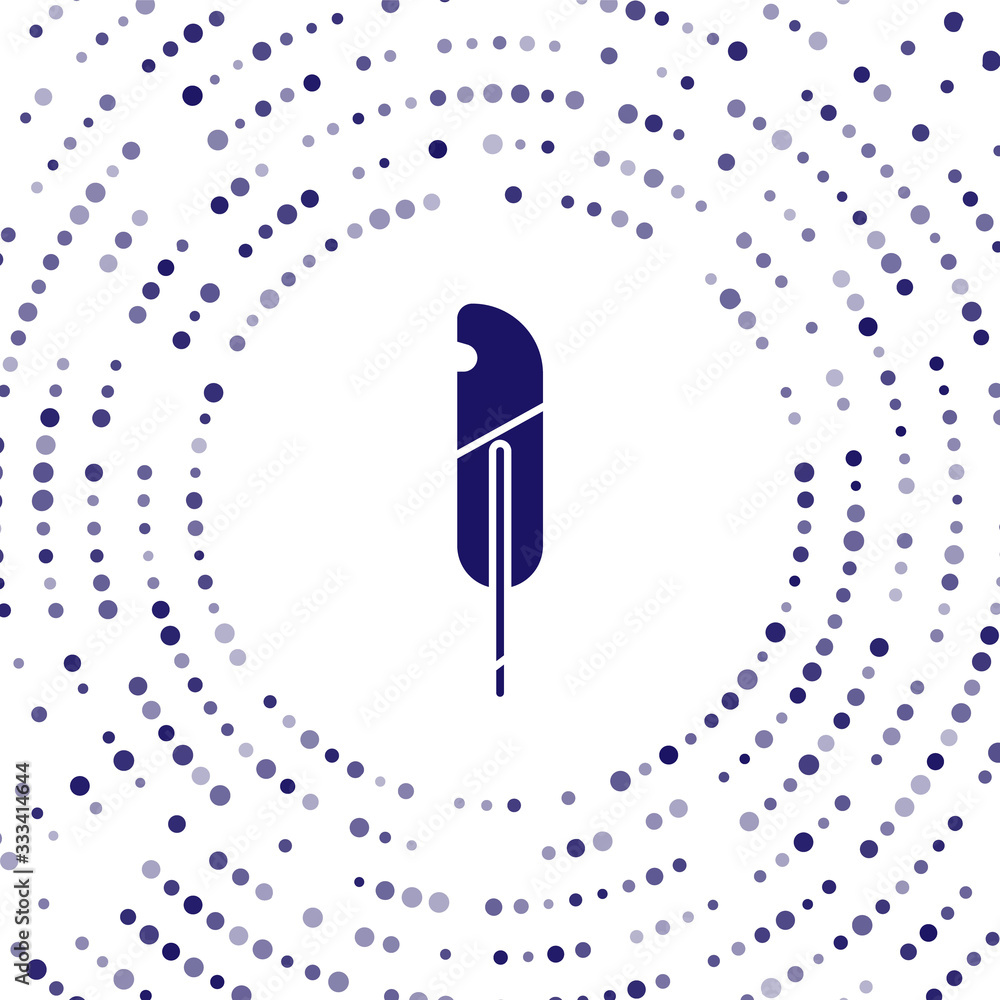 Blue Feather pen icon isolated on white background. Abstract circle random dots. Vector Illustration