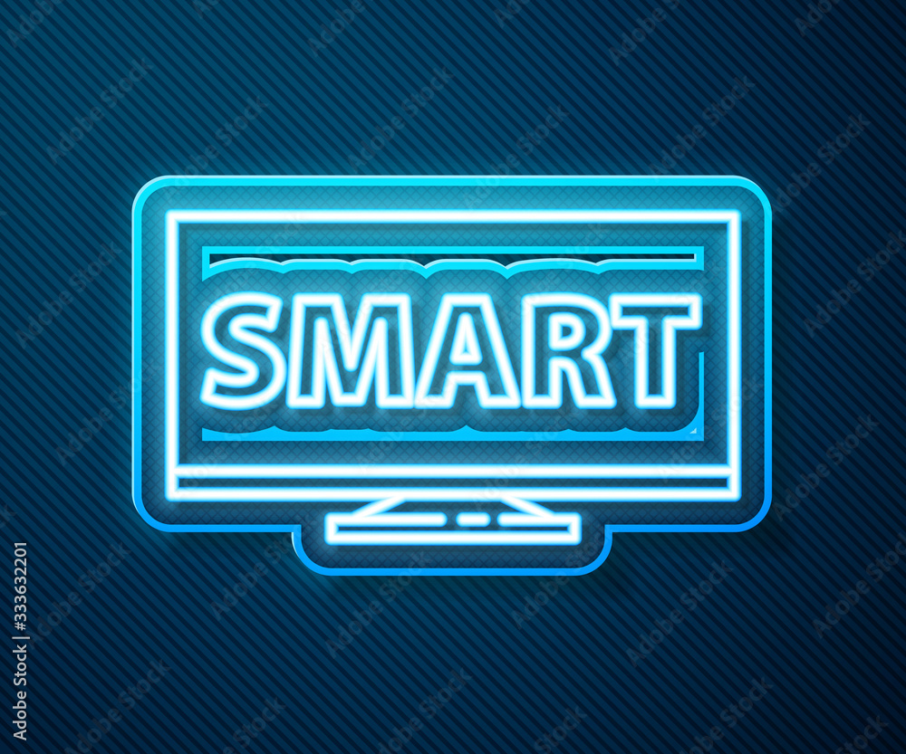 Glowing neon line Screen tv with Smart video technology icon isolated on blue background. Vector Ill