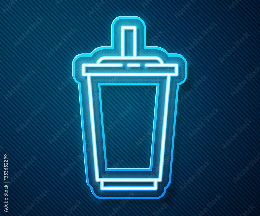 Glowing neon line Paper glass with drinking straw and water icon isolated on blue background. Soda d