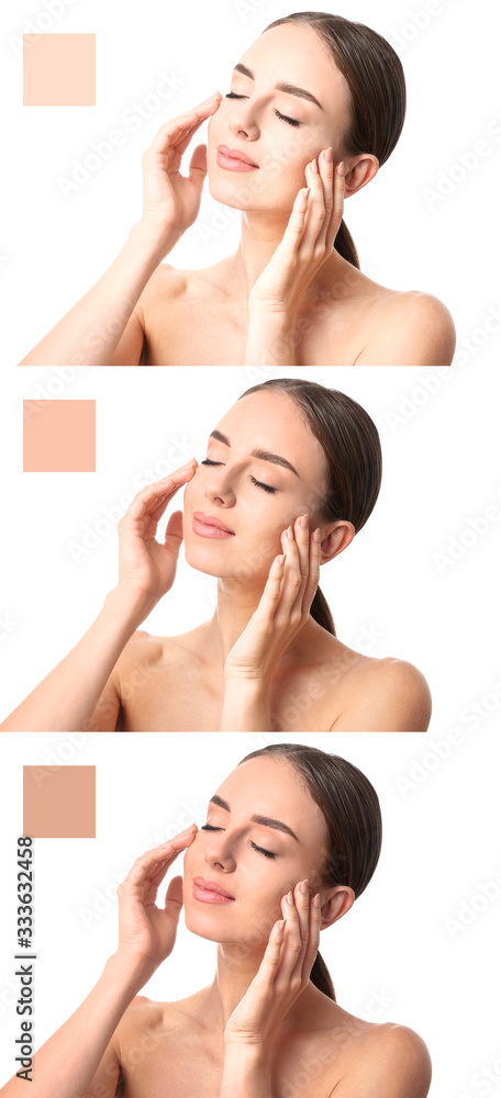 Beautiful young woman with different shades of skin on white background