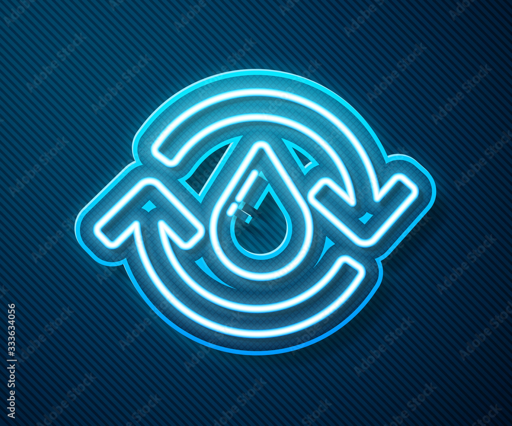 Glowing neon line Recycle clean aqua icon isolated on blue background. Drop of water with sign recyc