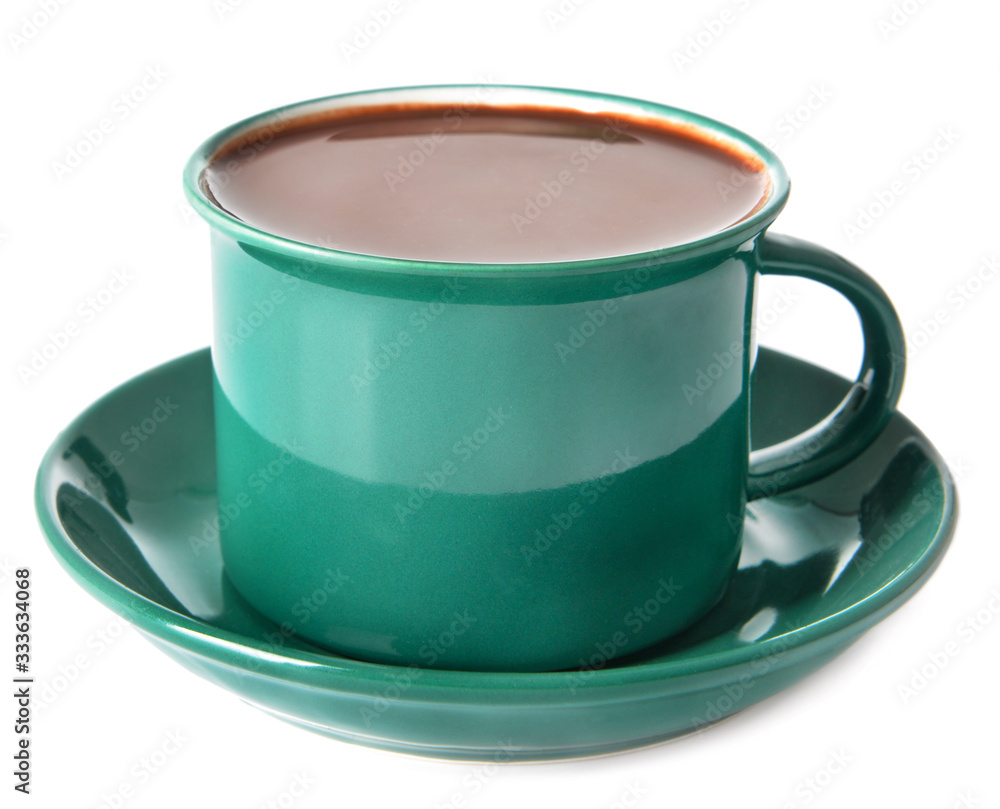 Cup of hot chocolate on white background