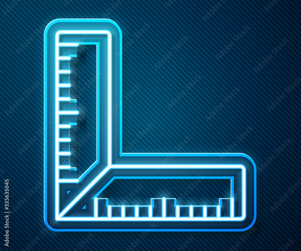 Glowing neon line Corner ruler icon isolated on blue background. Setsquare, angle ruler, carpentry, 